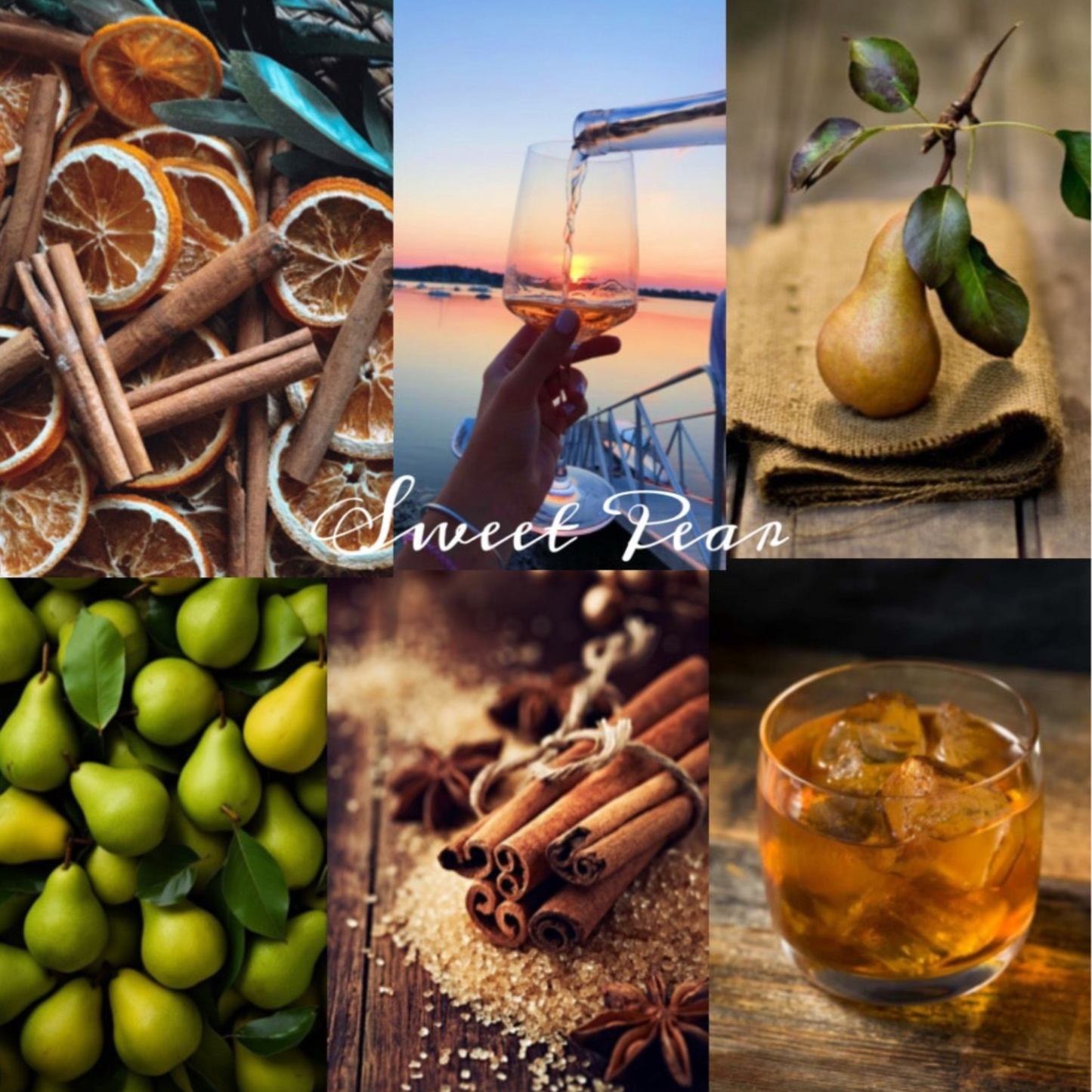 Collage of images including oranges, cinnamon sticks, pears, and a brandy drink with 'Sweet Bear' branding.