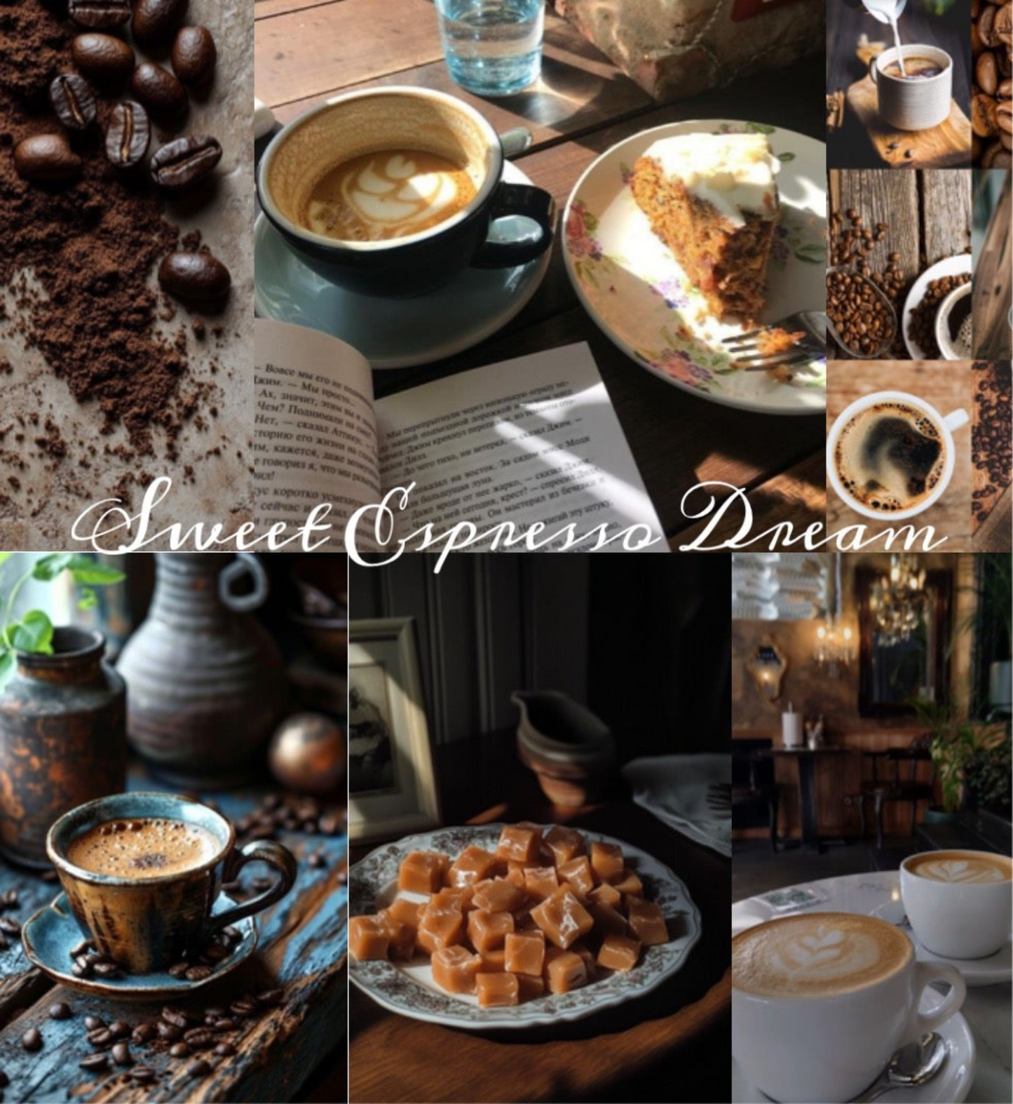 Collage of images featuring coffee, heavy cream, and caramel with scenic background.