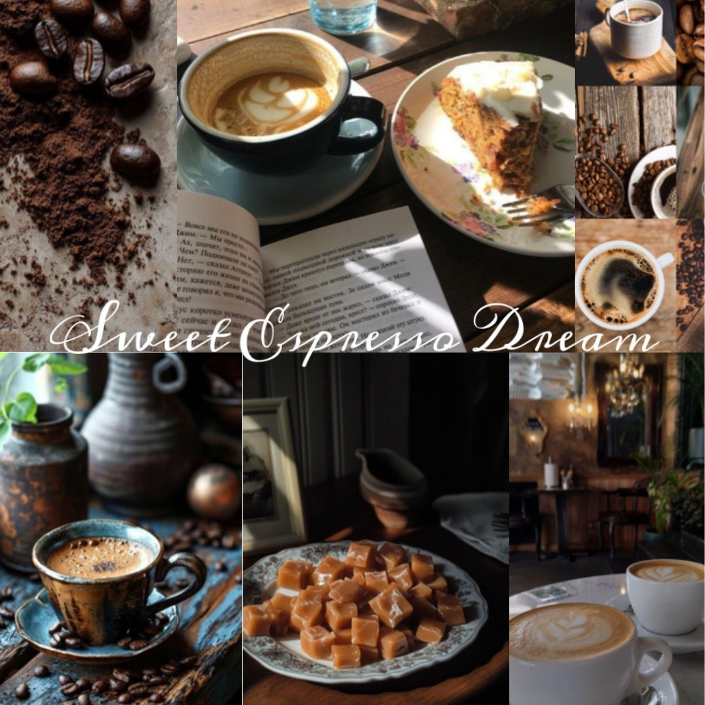 Collage of images featuring coffee, heavy cream, and caramel with scenic background.
