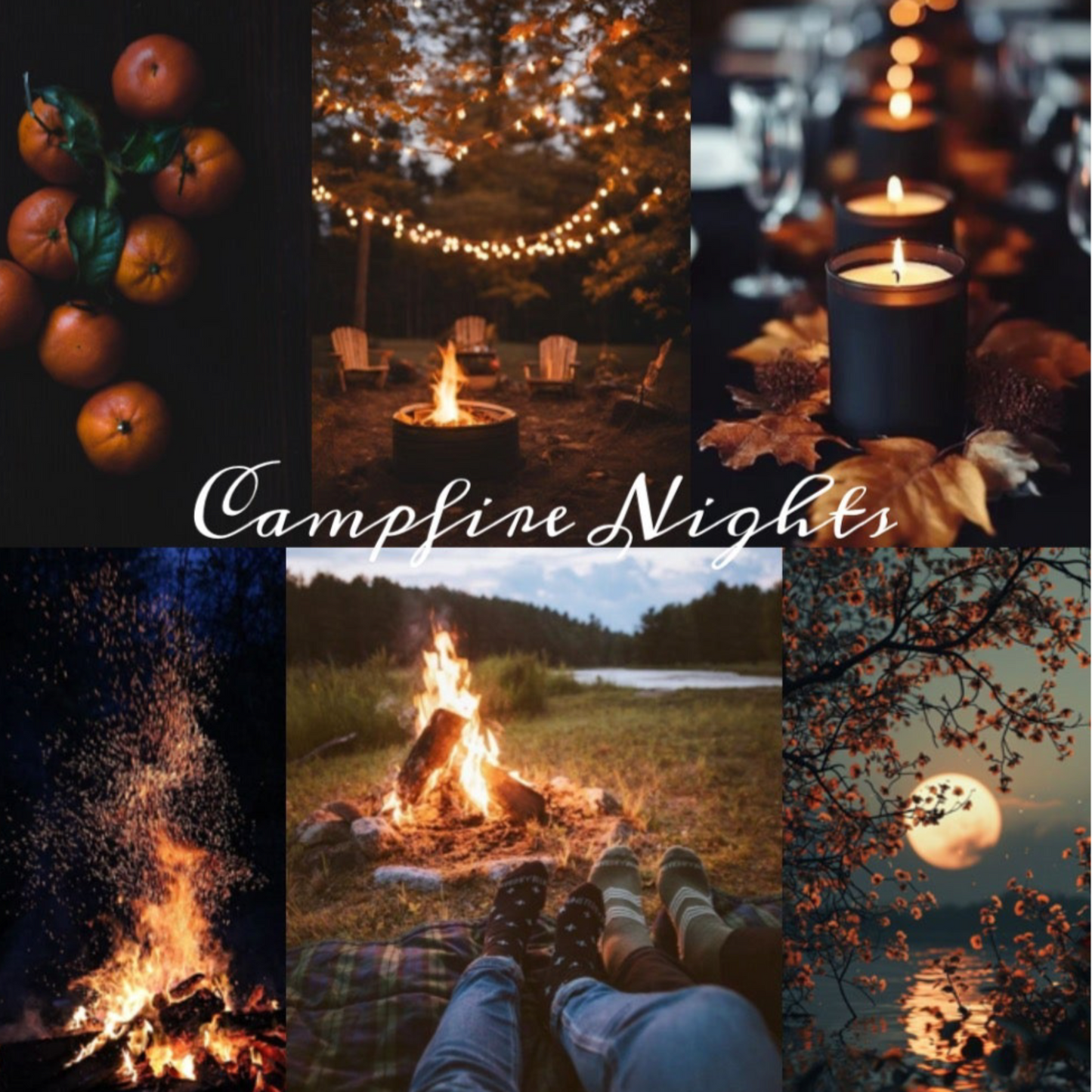 Collage of pictures of cozy nights and campfires with text that says Campfire Nights