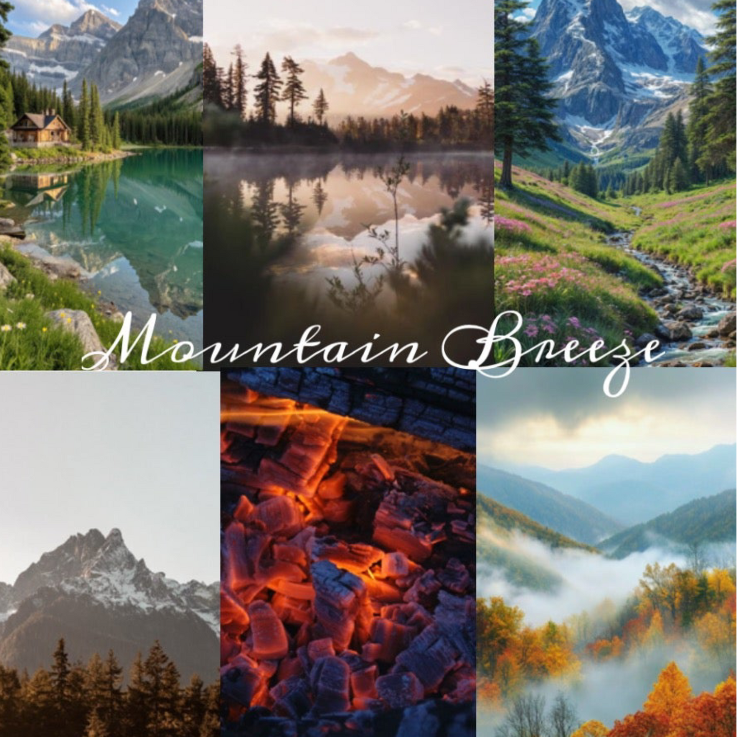 Collage of pictures of mountains with a text that says Mountain Breeze Candle