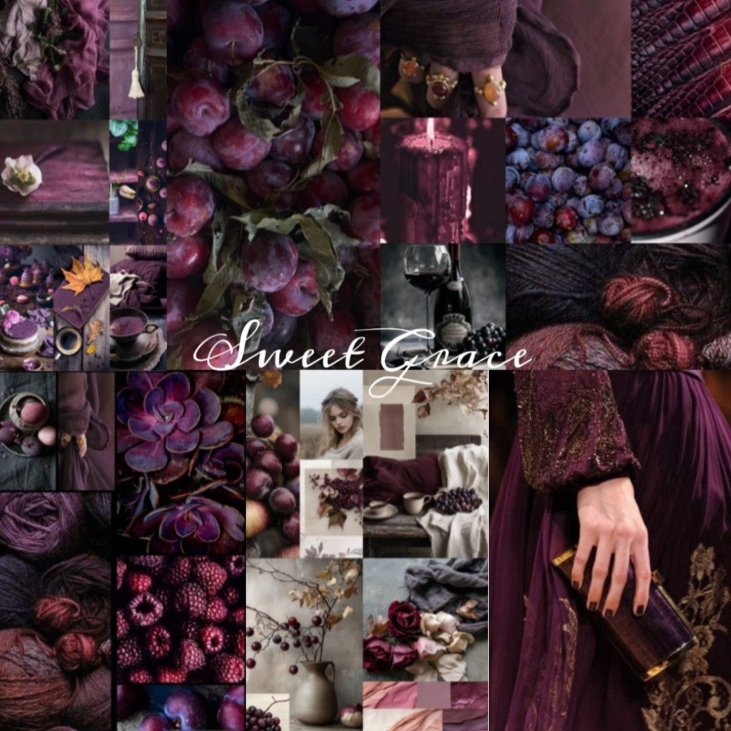 Collage of pictures with black cherry, grape color fabric with Sweet Grace text on it.