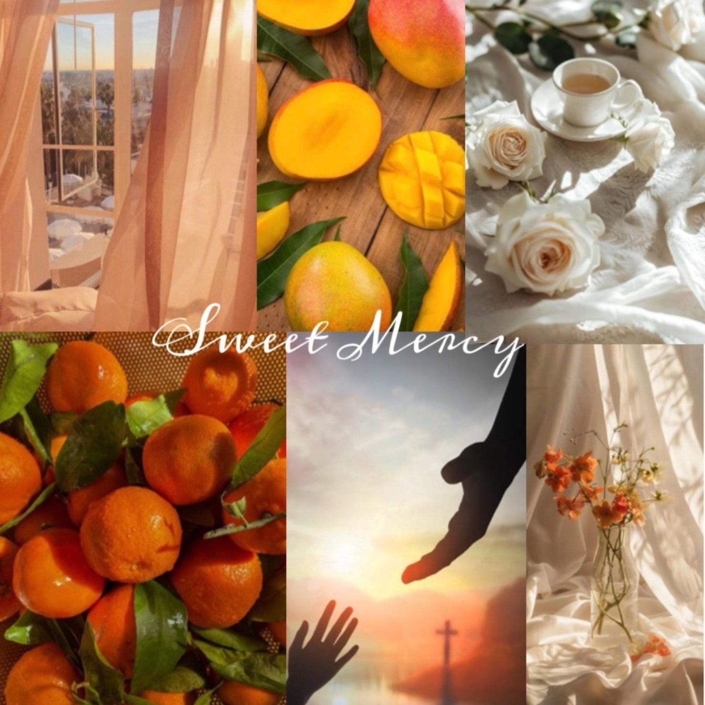 Collage of images including oranges, mangoes, a sunset silhouette, and a tea set with flowers.