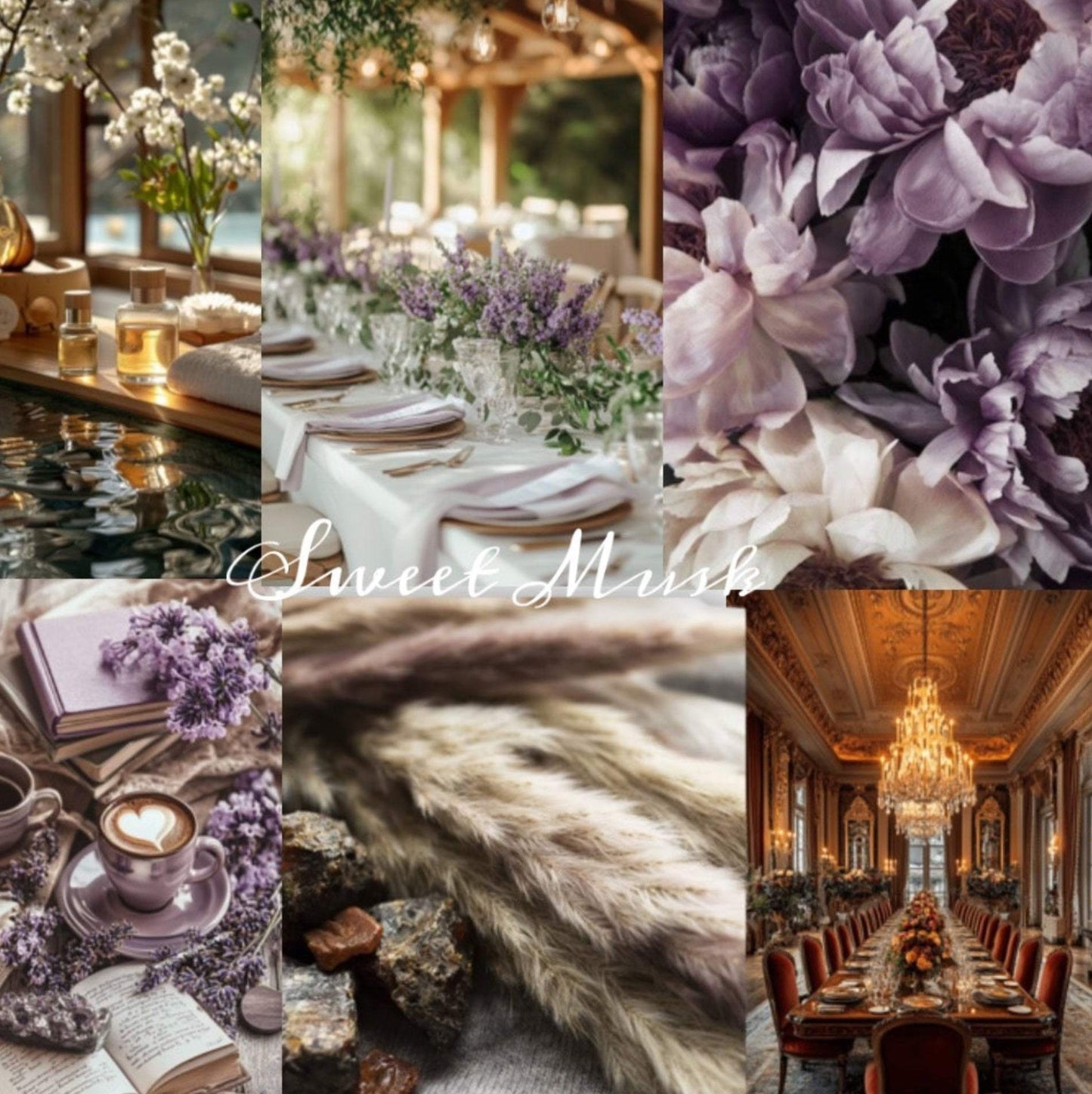 Collage of images featuring lavender, musk, a table setting, and a grand dining room.