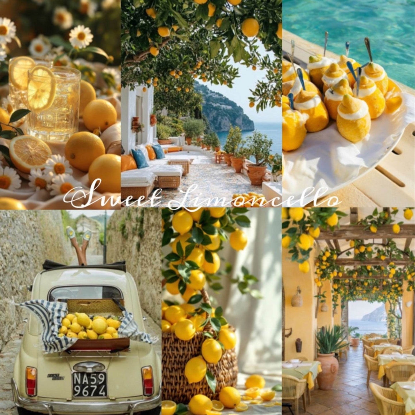 Collage of lemon-themed decorations and outdoor settings with limoncello.