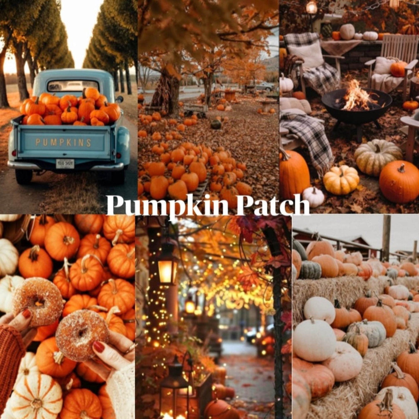 Collage of pumpkin patch scenes with pumpkins, a truck, and outdoor activities.