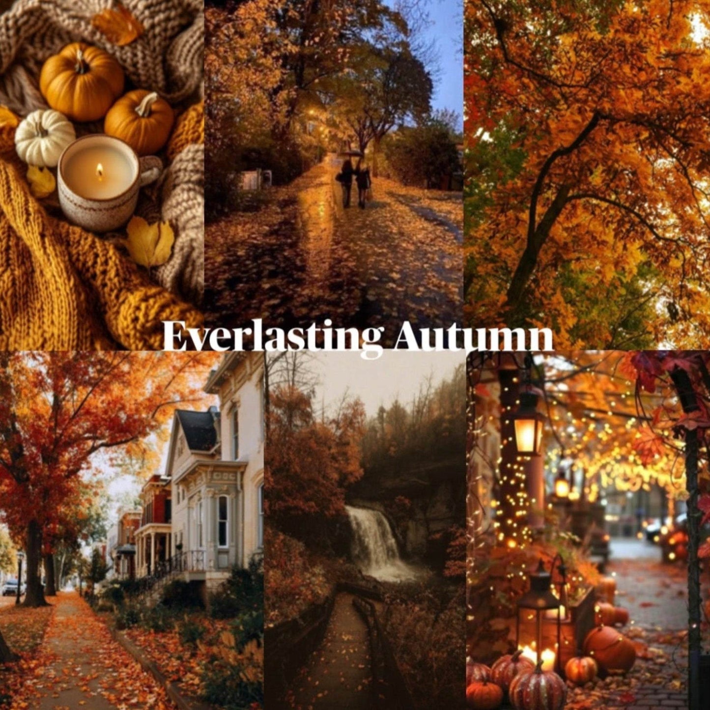 Collage of autumn-themed images with pumpkins, leaves, and scenic views.