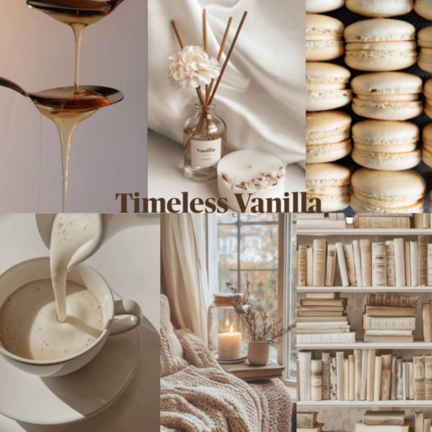 Collage of images with 'Timeless Vanilla' theme, including vanilla beans, a cup of coffee, and a bookshelf.