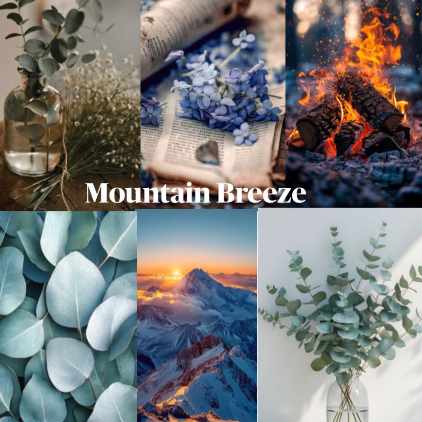 Collage of nature-themed images with 'Mountain Breeze' text on a white background