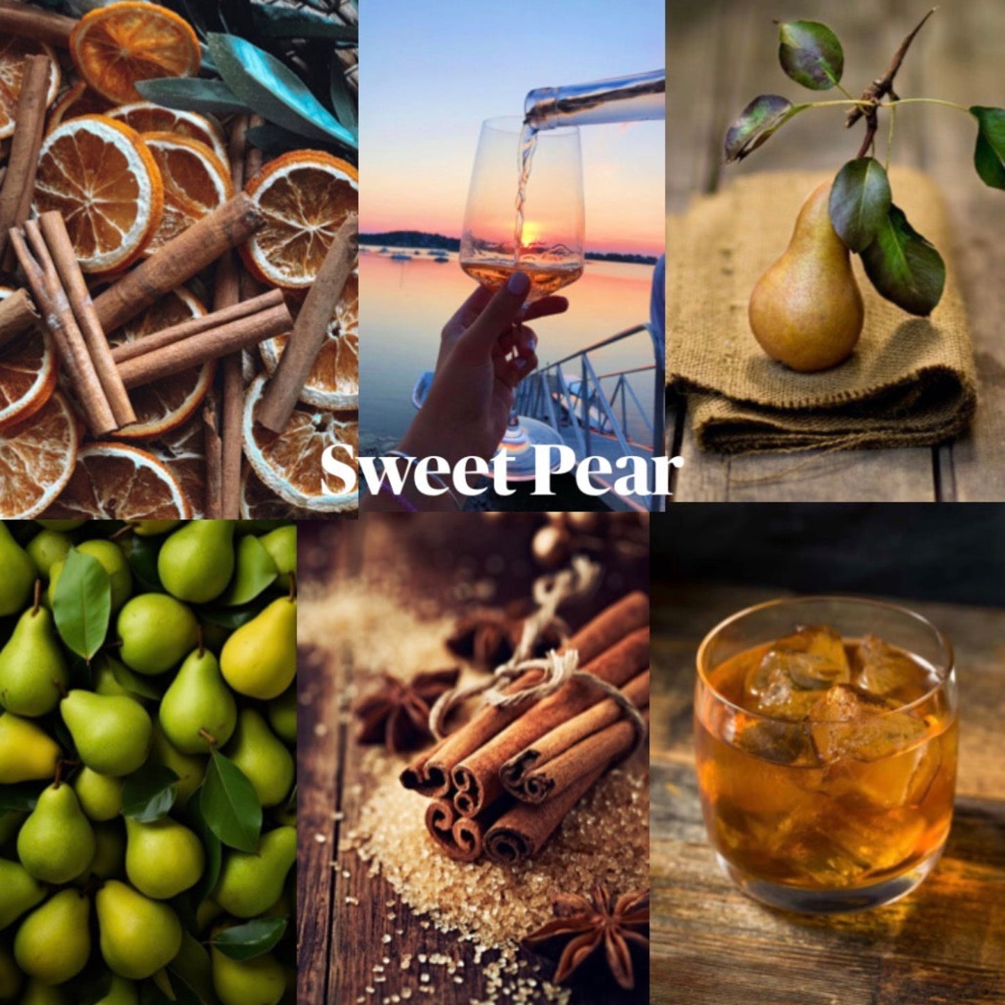 Collage of images featuring pears, cinnamon, oranges, and a drink with the brand 'Sweet Pear' displayed.