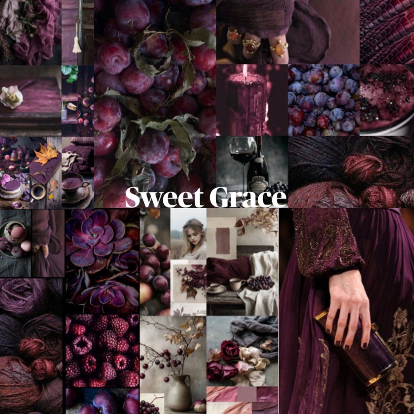 Collage of images with a dominant purple theme, featuring 'Sweet Grace' text.