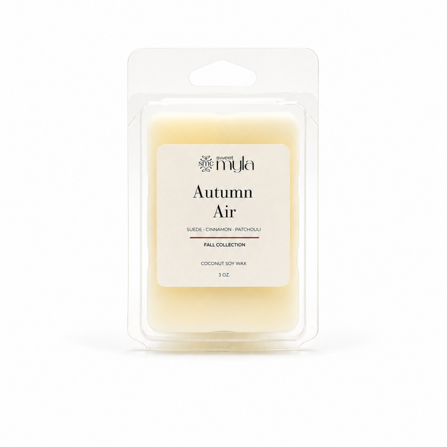 A packaged wax melt in a clear clamshell package with a white label reading 'Autumn Air' on a plain white background by Sweet Myla.