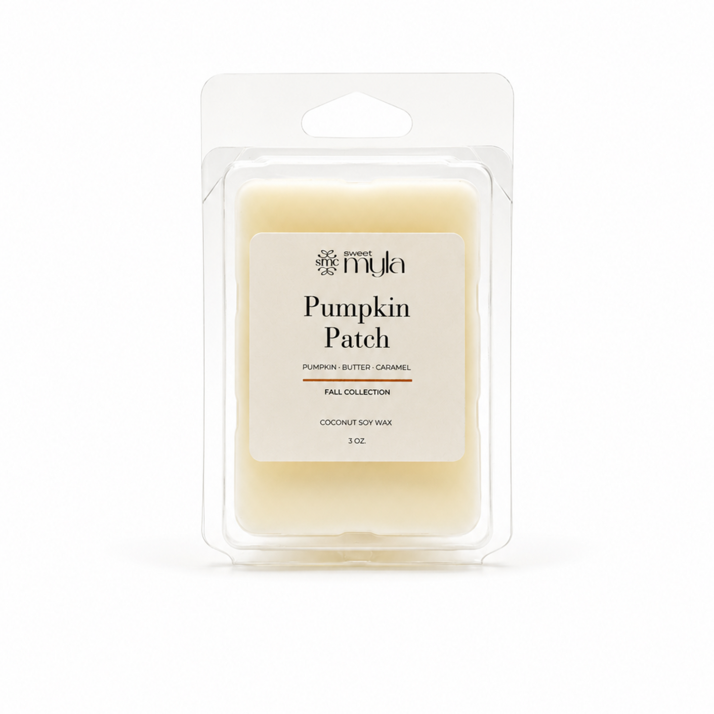 A packaged wax melt in a clear clamshell package with a white label reading 'Pumpkin Patch' on a clean white background by Sweet Myla.