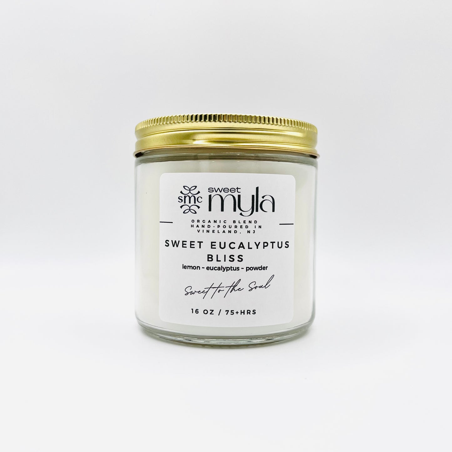 Sweet Eucalyptus Bliss candle with scents of lemon, eucalyptus & powder