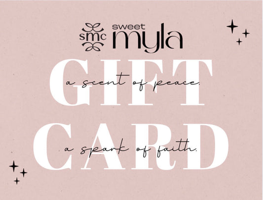 Gift card design with 'sweet myla' branding on a pink background