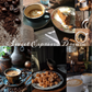 Collage of images featuring coffee, heavy cream, and caramel with scenic background.