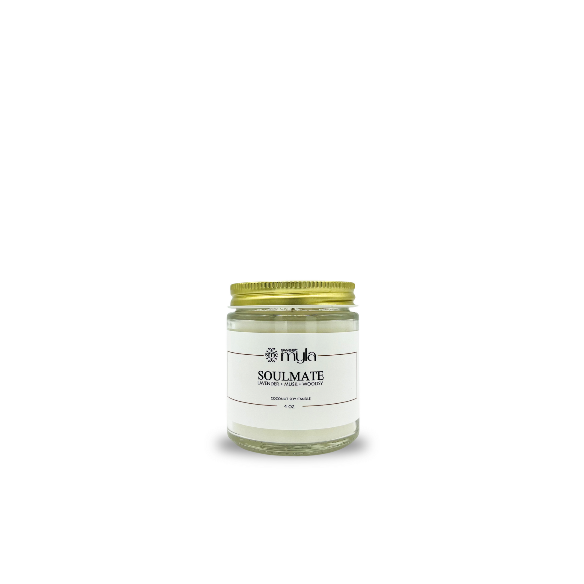 Candle jar labeled 'Soulmate' on a white background