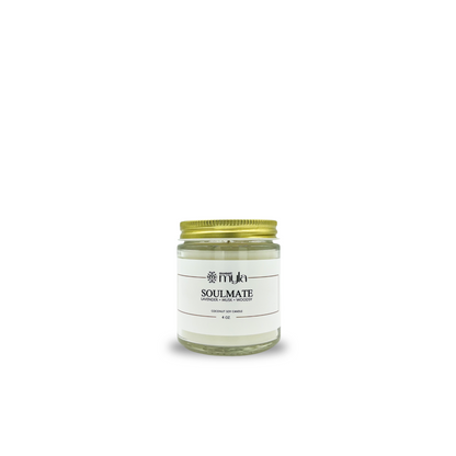 Candle jar labeled 'Soulmate' on a white background