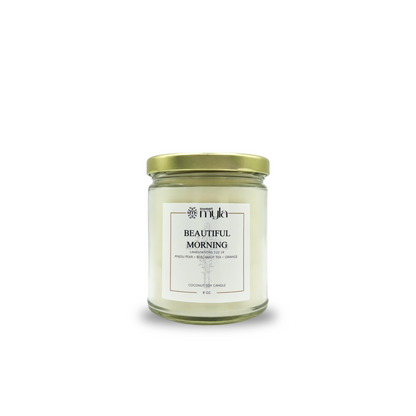 Candle jar labeled 'Beautiful Morning' on a white background