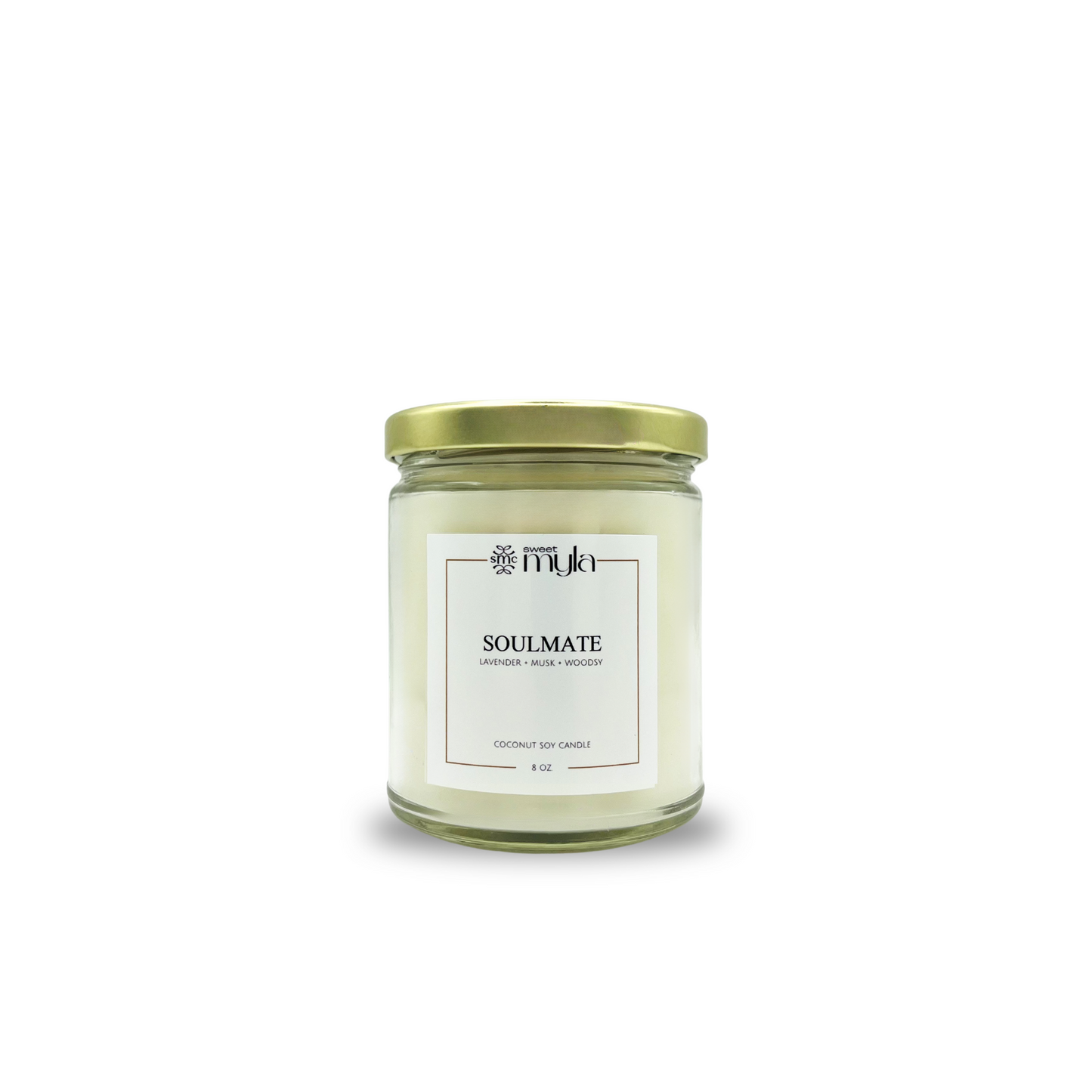 Candle jar labeled 'Soulmate' on a white background