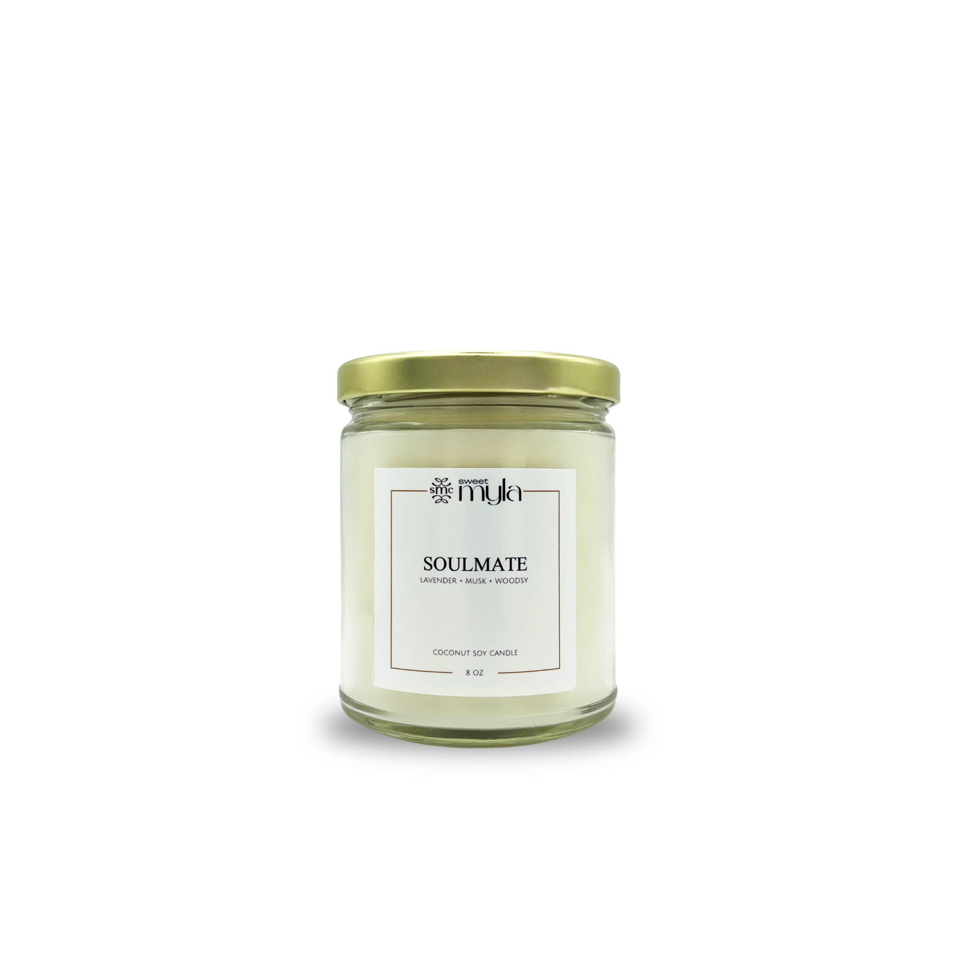 Candle jar labeled 'Soulmate' on a white background