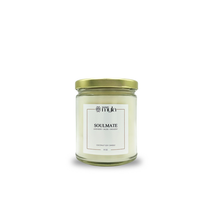 Candle jar labeled 'Soulmate' on a white background