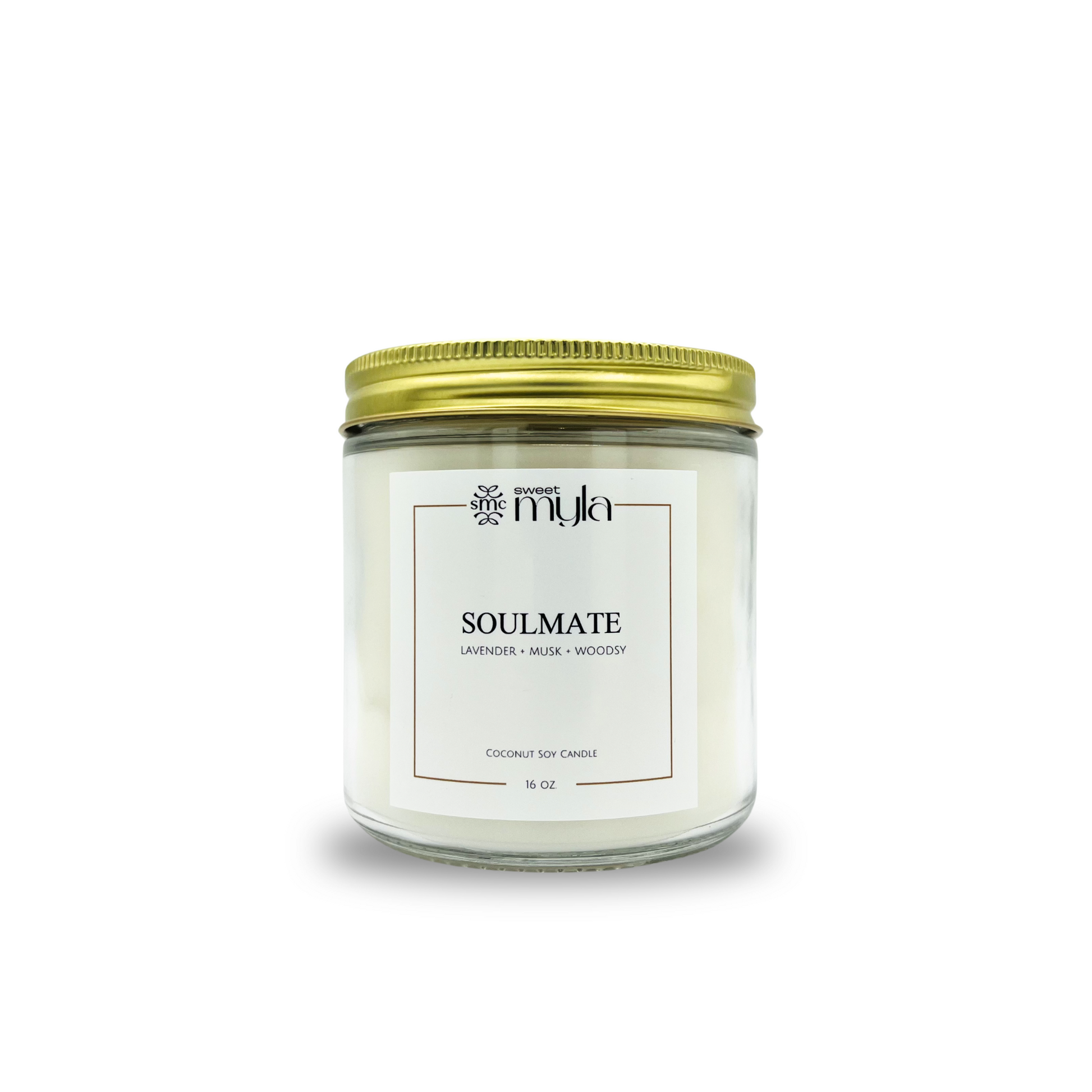 Candle jar labeled 'Soulmate' by Sweet Myla on a white background