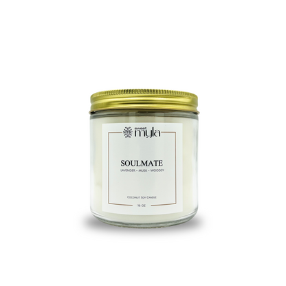 Candle jar labeled 'Soulmate' by Sweet Myla on a white background