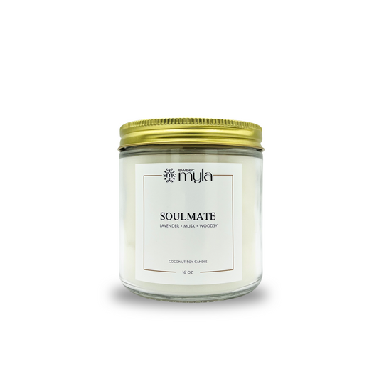 Candle jar labeled 'Soulmate' by Sweet Myla on a white background