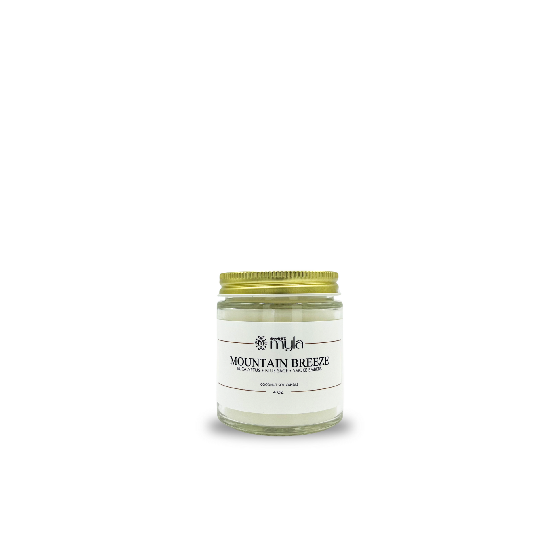 Candle jar labeled 'Mountain Breeze' on a white background