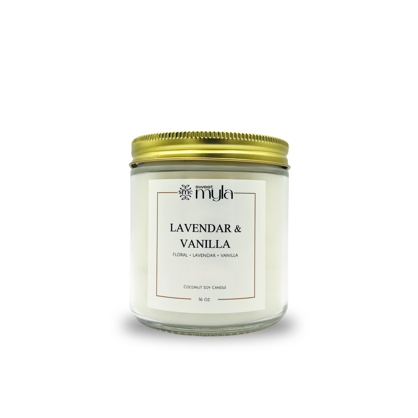 Candle with 'Sweet Myla' branding and 'Lavender & Vanilla' label on a white background