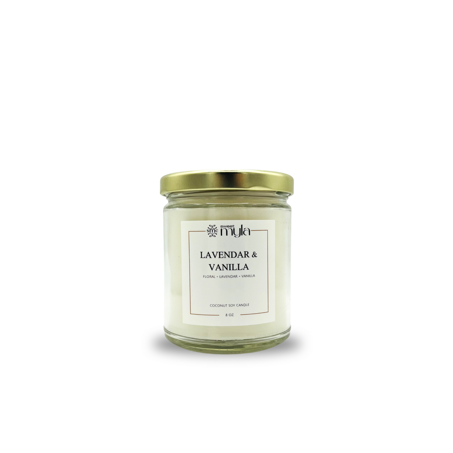 Candle with 'Sweet Myla' branding and 'Lavender & Vanilla' label on a white background