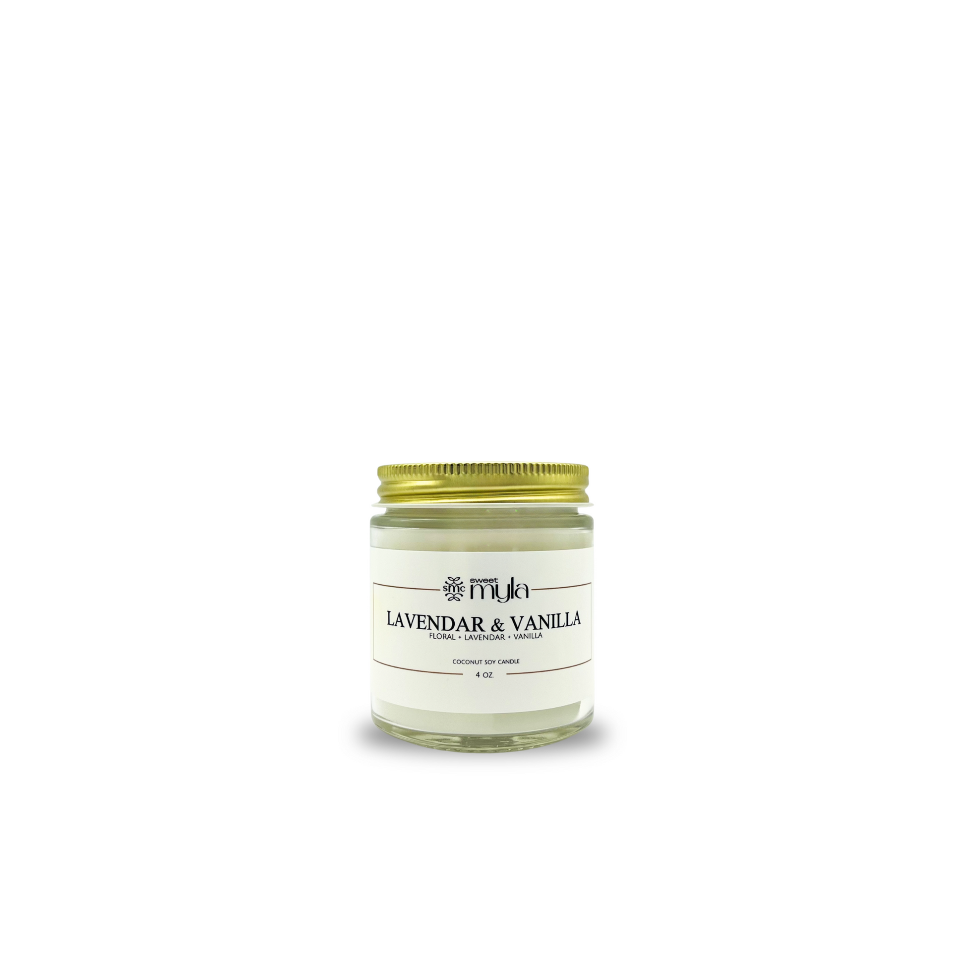 Candle with 'Sweet Myla' branding and 'Lavender & Vanilla' label on a white background