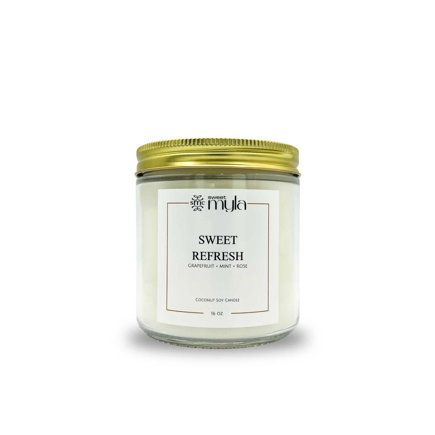 Candle jar labeled 'Sweet Refresh' by Sweet Myla on a white background