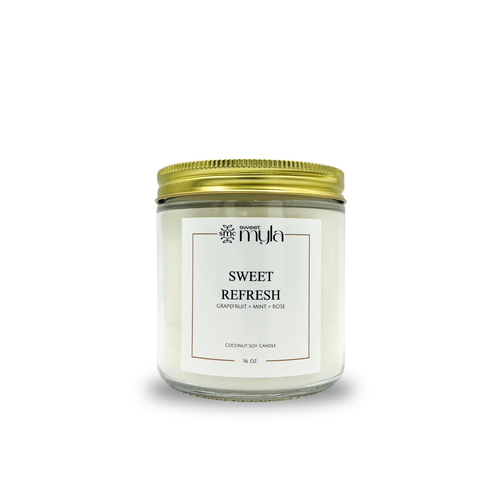 Candle jar labeled 'Sweet Refresh' by Sweet Myla on a white background