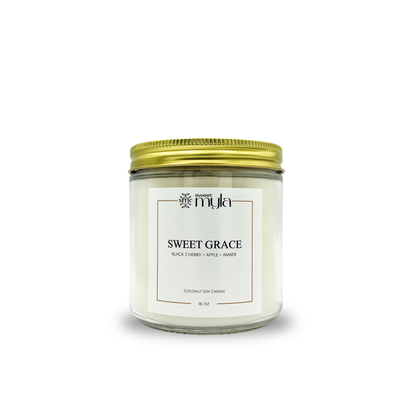 Candle jar labeled 'Sweet Grace' by Sweet Myla on a white background
