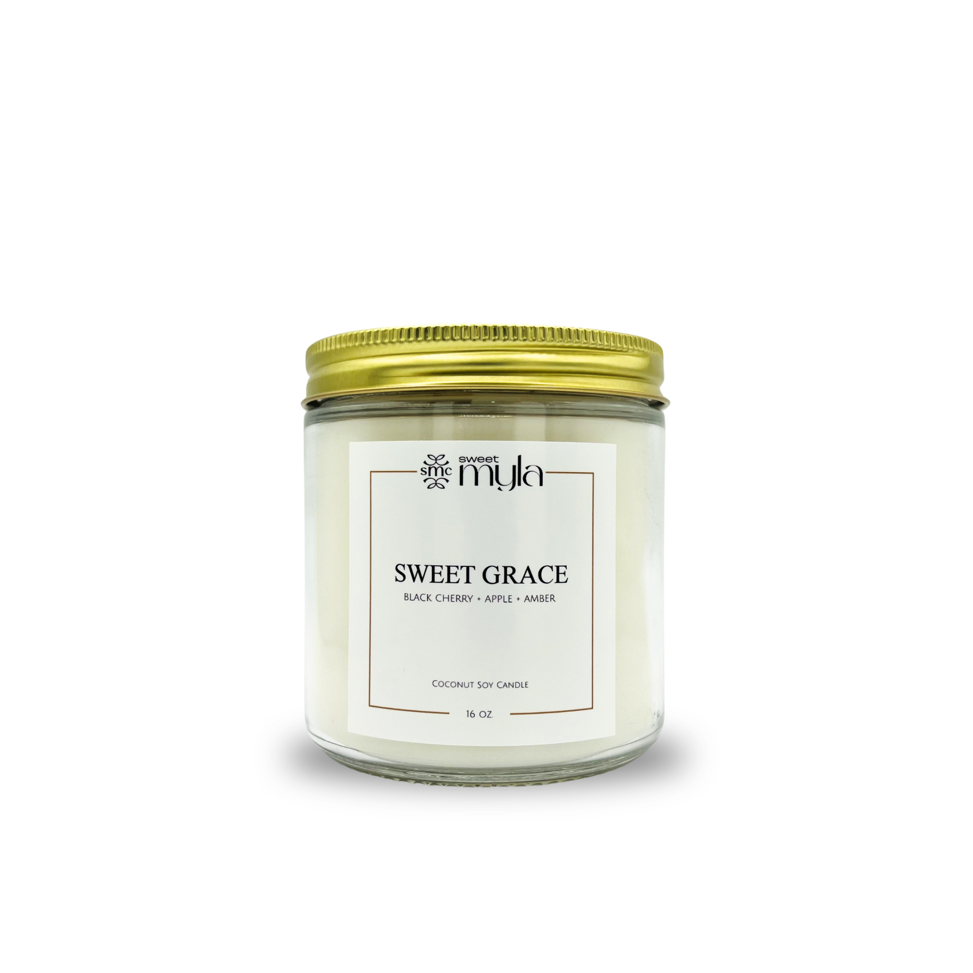 Candle jar labeled 'Sweet Grace' by Sweet Myla on a white background