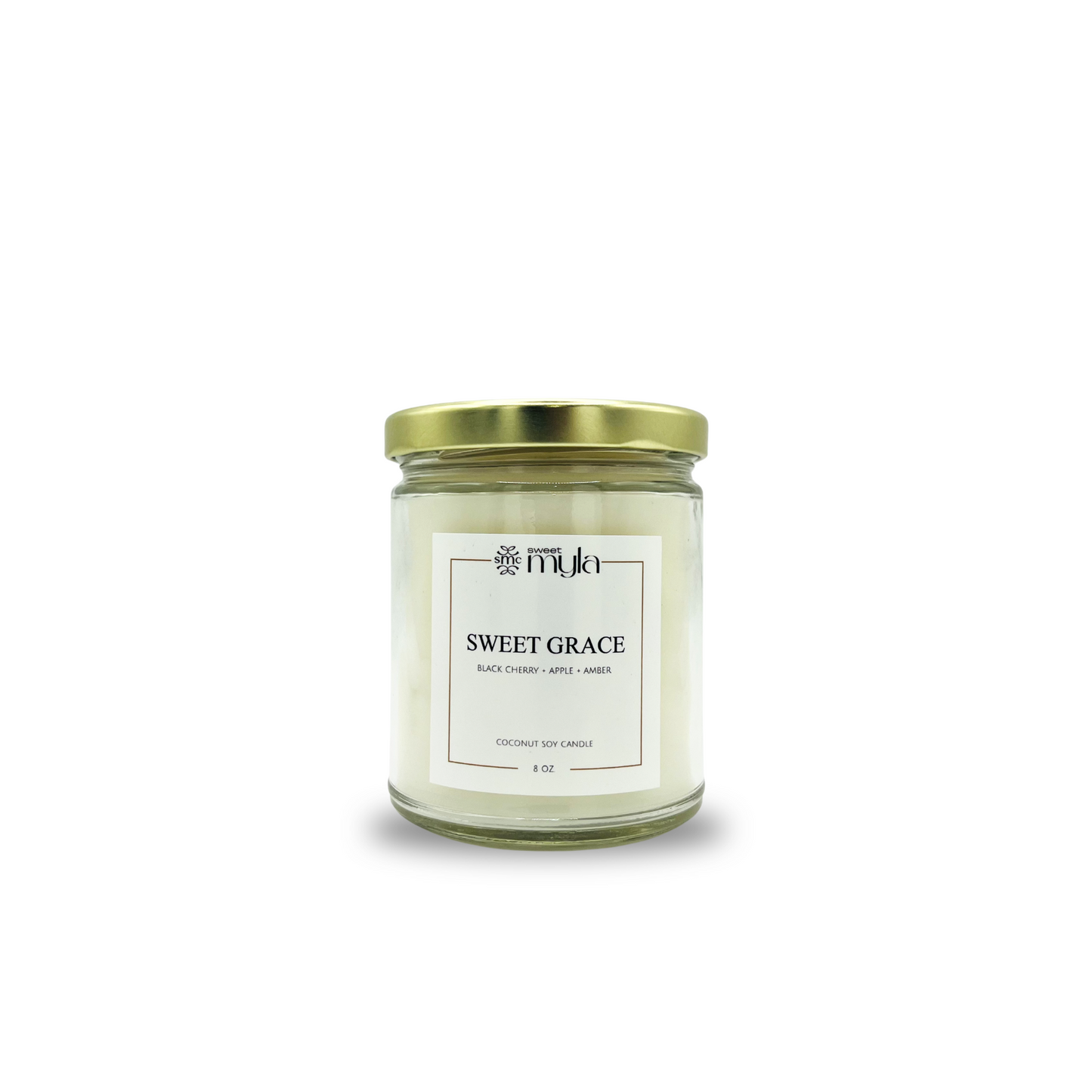 Candle jar labeled 'Sweet Grace' on a white background
