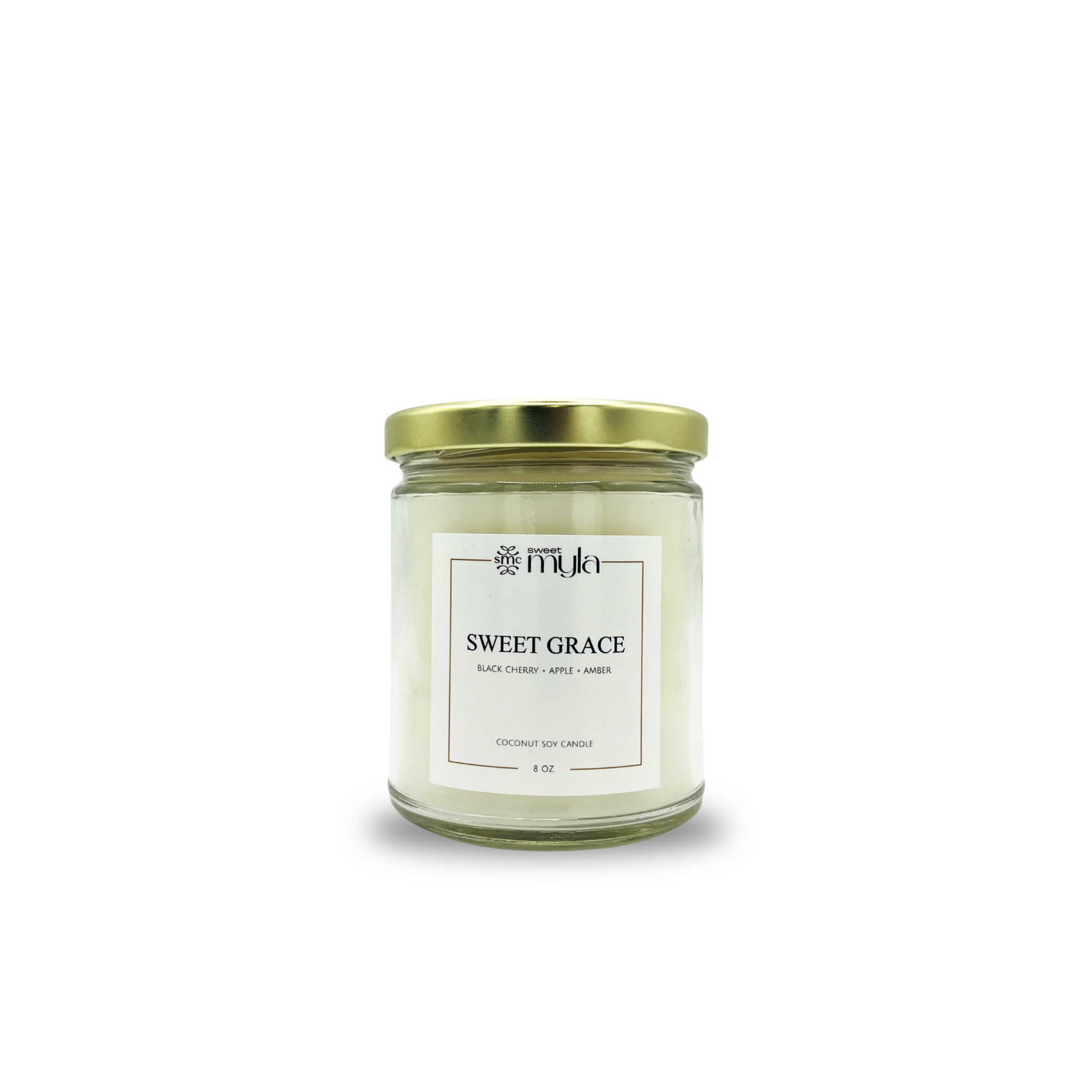 Candle jar labeled 'Sweet Grace' on a white background