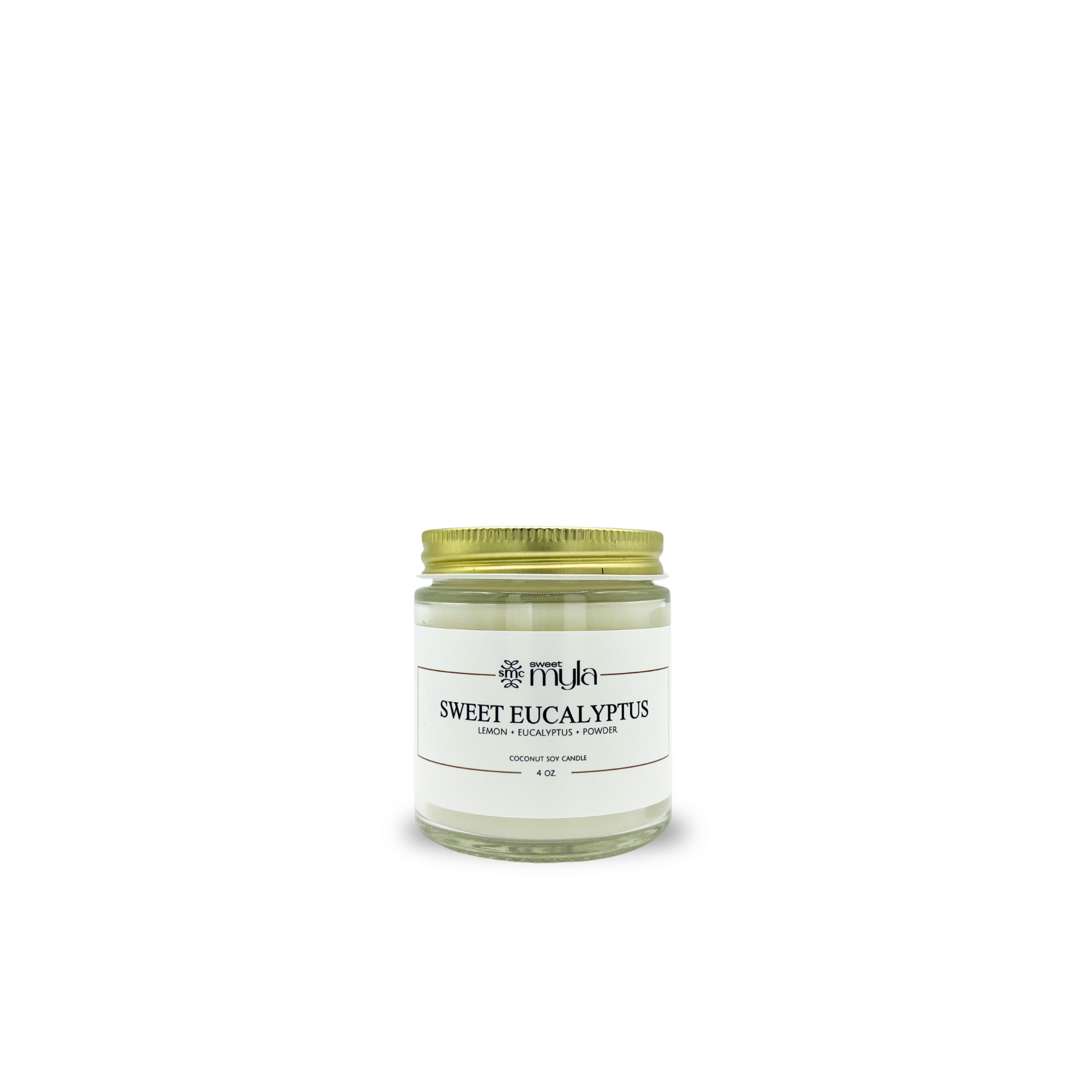 Candle jar labeled 'Sweet Eucalyptus' by Sweet Myla on a white background