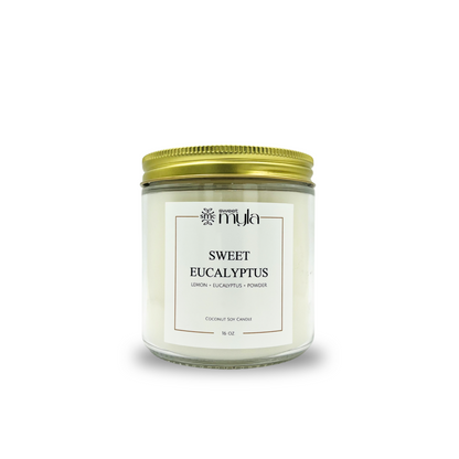 Candle jar labeled 'Sweet Eucalyptus' by Sweet Myla on a white background