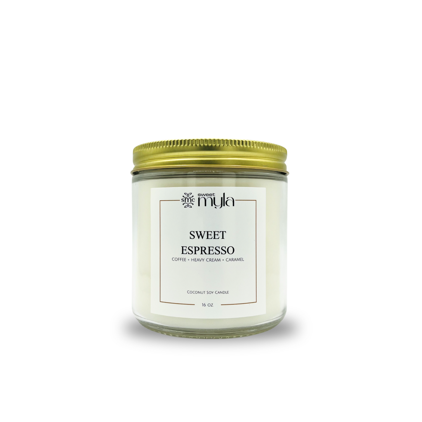 Candle jar labeled 'Sweet Espresso' by Sweet Myla on a white background