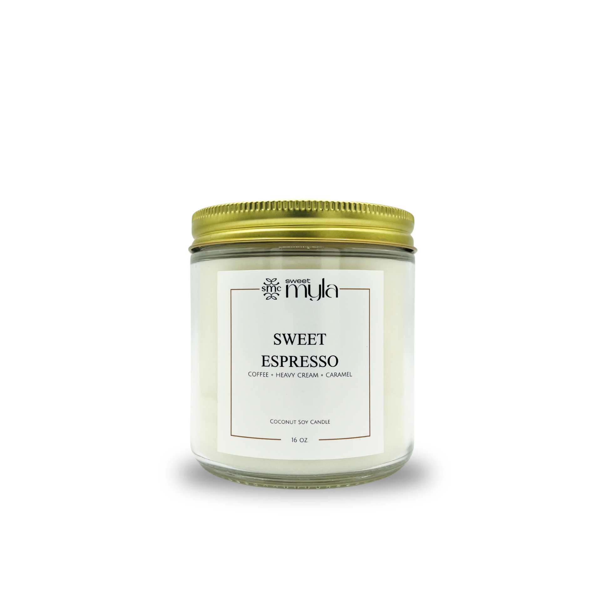 Candle jar labeled 'Sweet Espresso' by Sweet Myla on a white background
