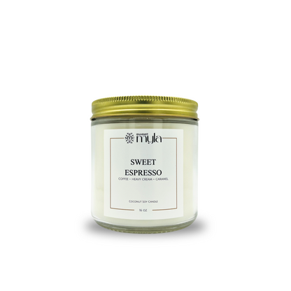 Candle jar labeled 'Sweet Espresso' by Sweet Myla on a white background