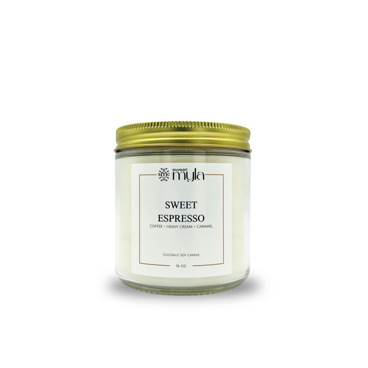 Candle jar labeled 'Sweet Espresso' by Sweet Myla on a white background