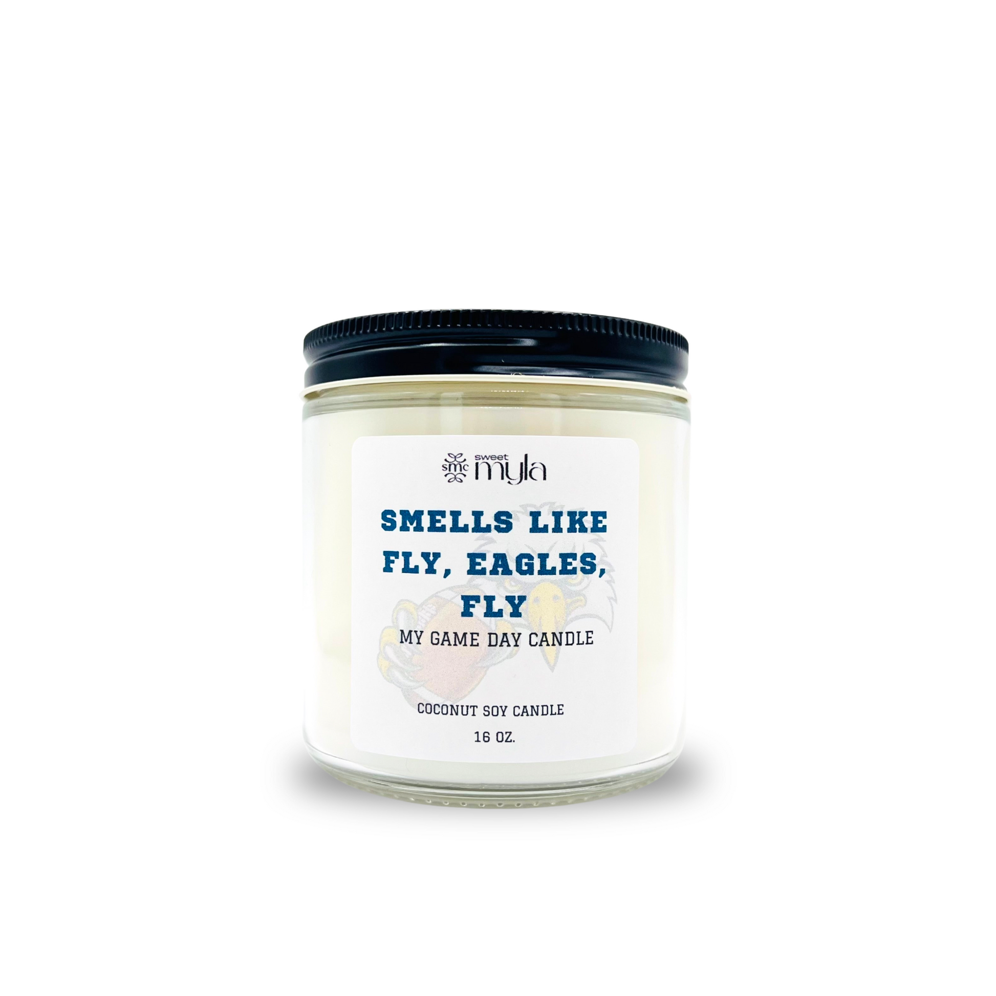 Candle with label that says Smells like an Eagles Win