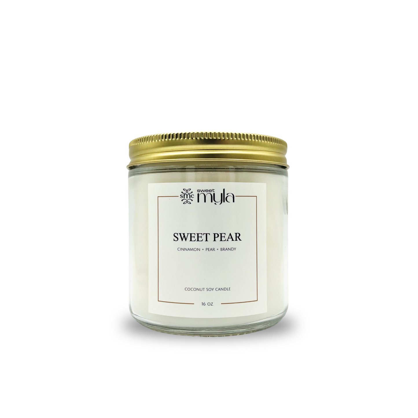 Candle jar labeled 'Sweet Pear' with a gold lid on a white background