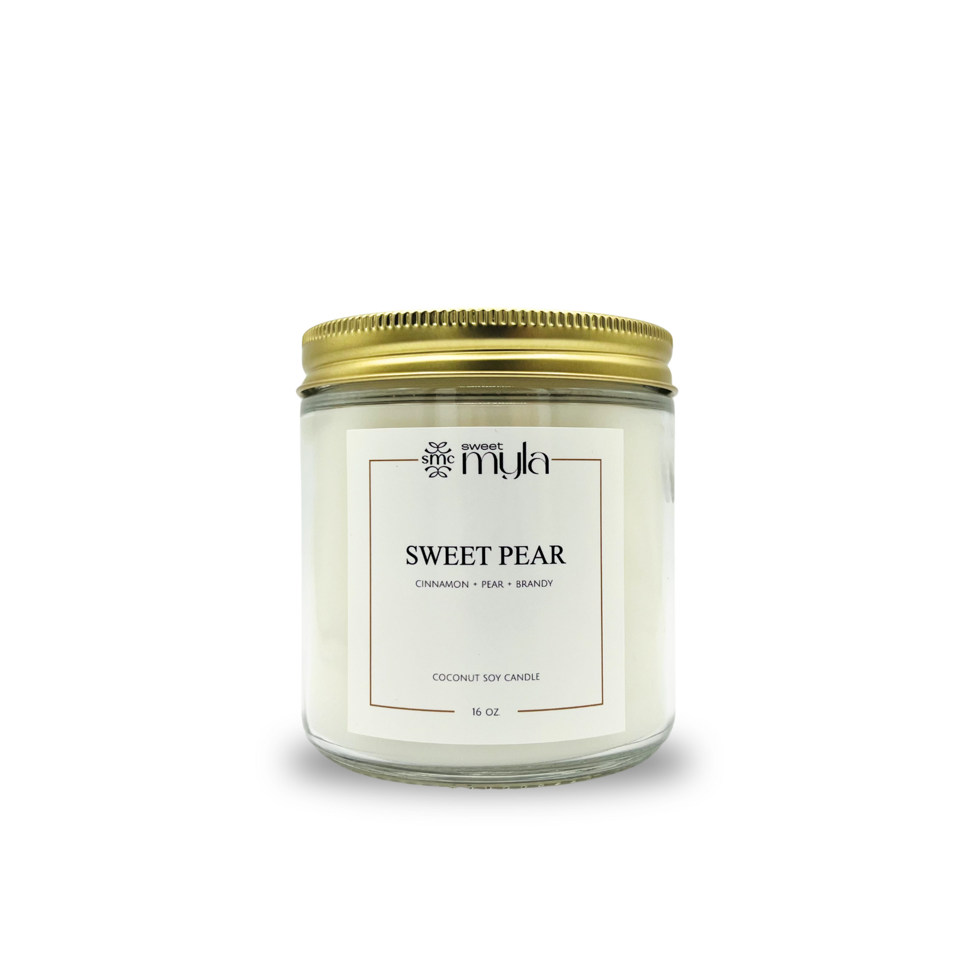 Candle jar labeled 'Sweet Pear' with a gold lid on a white background