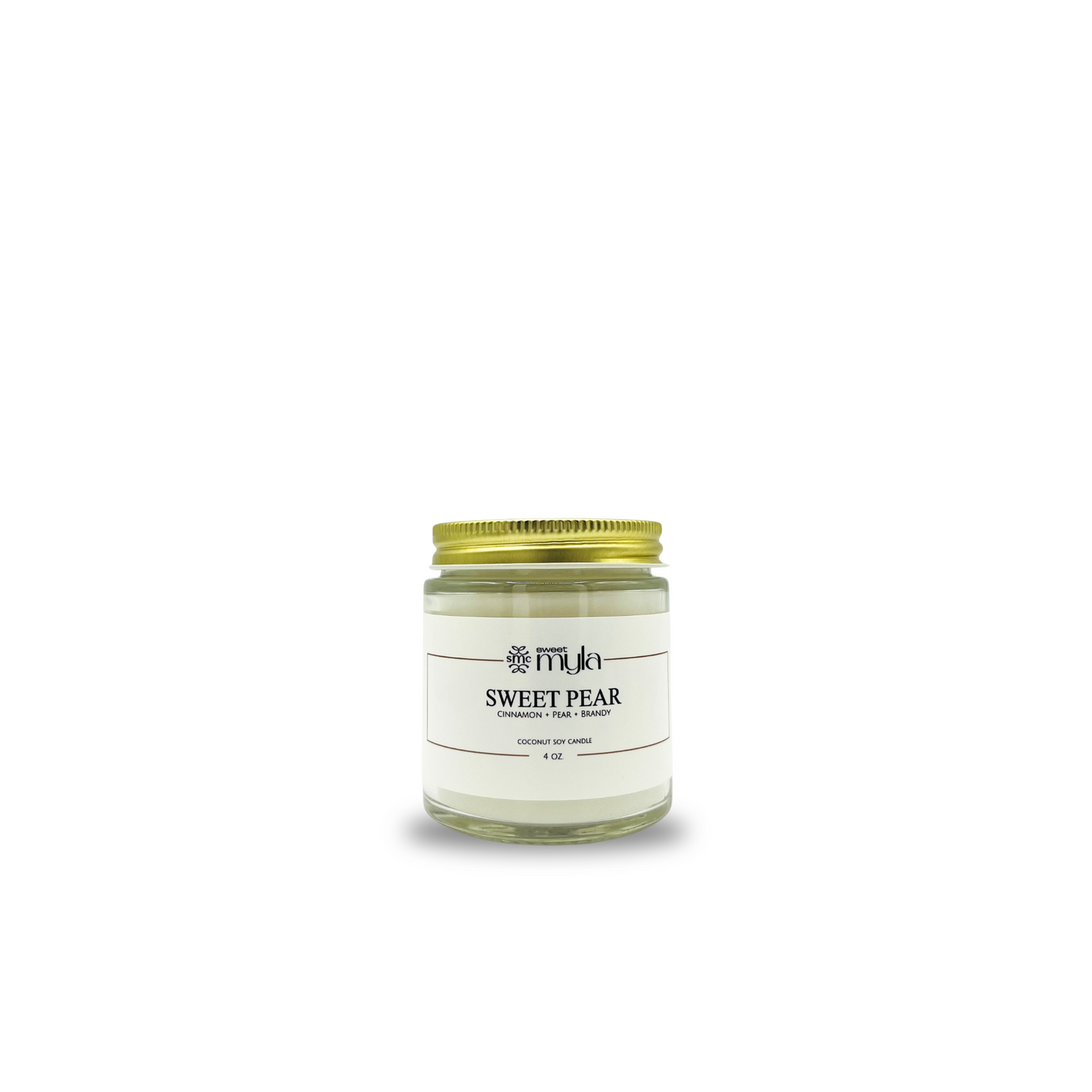Candle jar labeled 'Sweet Pear' with a gold lid on a white background