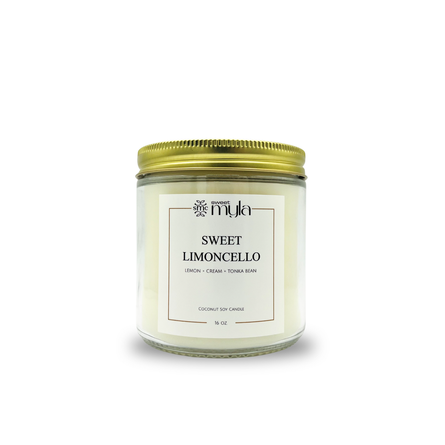 Candle jar labeled 'Sweet Limoncello' with a gold lid on a white background